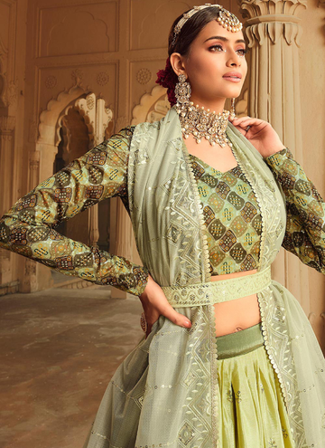 Embroidered Work Green Shaded Silk Lehenga For Mehendi